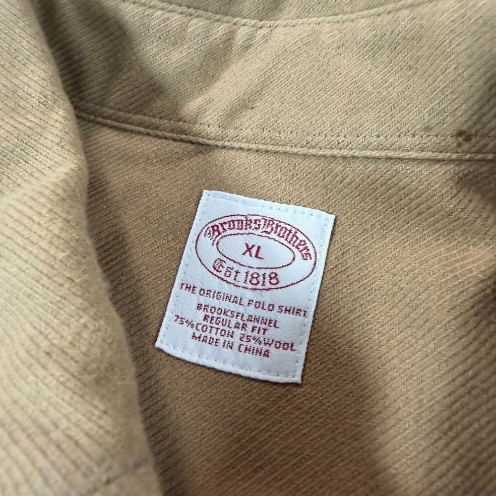 Brooks Brothers 1818 Flannel Shirt Mens XL Wool Blend Collar Elbow Patches Beige - Picture 4 of 8